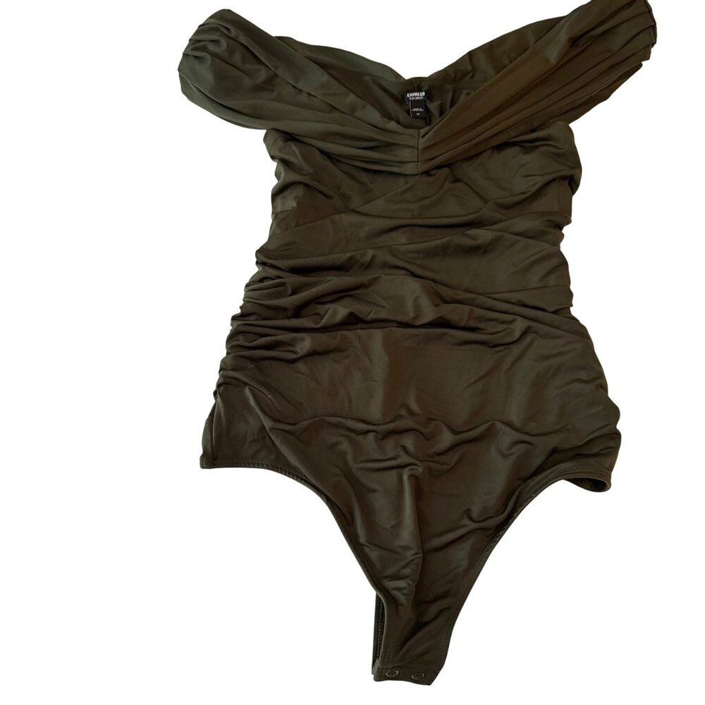 Express Body Contour Olive Off-Shoulder Ruched Bodysuit M Stretch